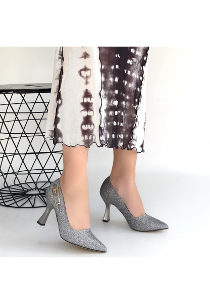 Cerin Gümüş Saten Simli Topuklu Ayakkabı