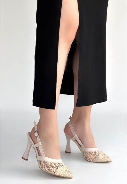 Ceta Bej Cilt Tül Detaylı Topuklu Ayakkabı