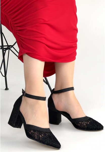 Dmop Siyah Cilt Simli Tül Detaylı Topuklu Ayakkabı