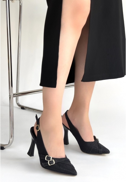 Jedda Siyah Simli Cilt Topuklu Ayakkabı