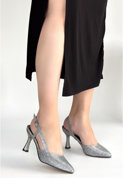 Joga Gümüş Saten Simli Topuklu Ayakkabı