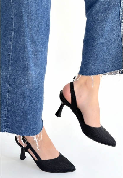 Joga Siyah Saten Simli Topuklu Ayakkabı