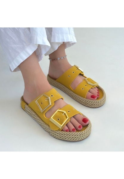 Loera Sarı Nubuk Çift Tokalı Terlik