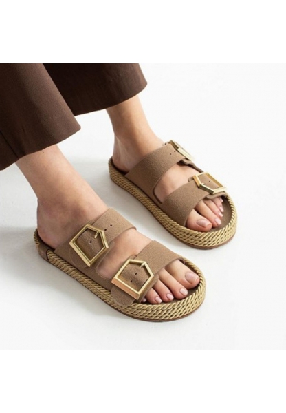 Loera Vizon Nubuk Çift Tokalı Terlik