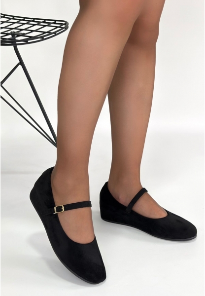 Lossa Siyah Süet Kemerli Babet Ayakkabı