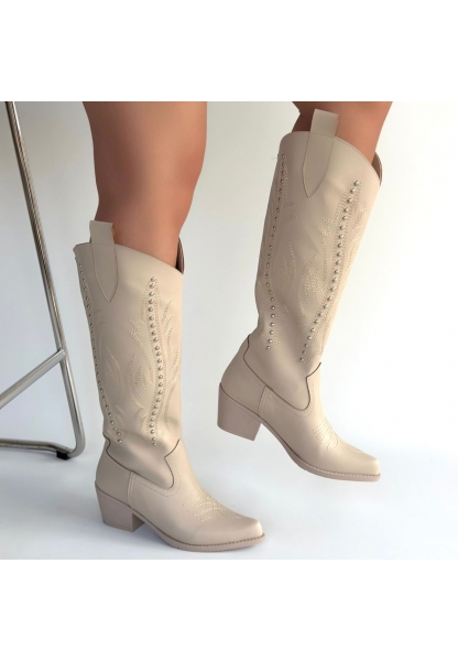 Meof Bej Cilt Topuklu Çizme