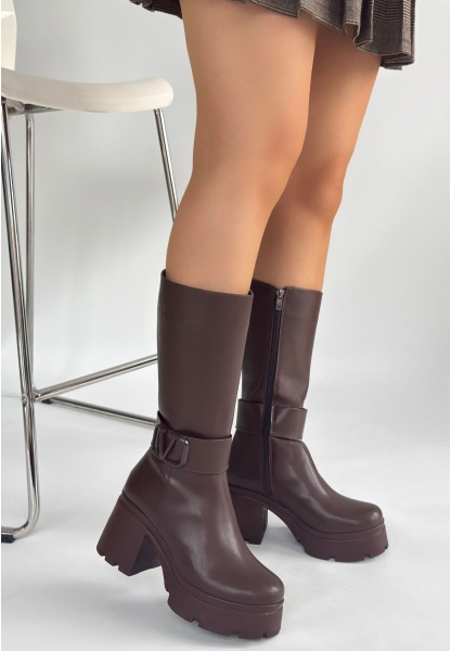 Moki Kahverengi Cilt Topuklu Çizme