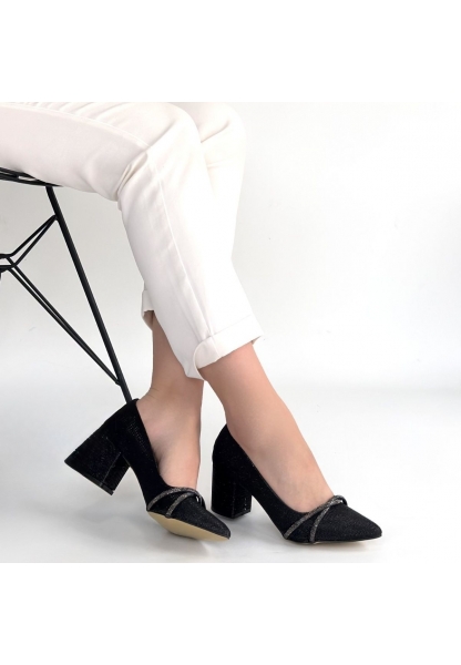 Rewin Siyah Simli Cilt Topuklu Ayakkabı