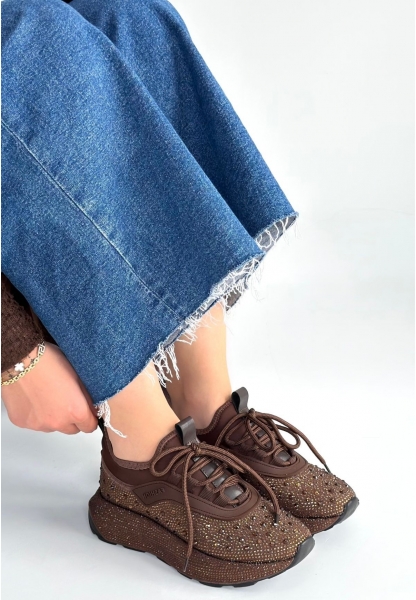 Rimay Kahverengi Cilt Boncuk İşlemeli Spor Ayakkabı