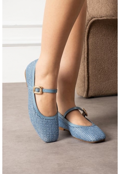 Rives Mavi Cilt Hasır Dokumalı Babet Ayakkabı