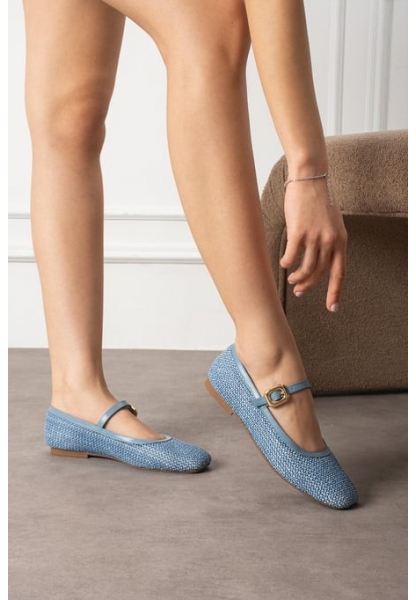 Rives Mavi Cilt Hasır Dokumalı Babet Ayakkabı