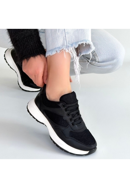 Slar Siyah Cilt Simli Bağcıklı Spor Ayakkabı