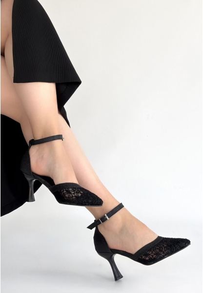 Weja Siyah Cilt Tül Detaylı Topuklu Ayakkabı