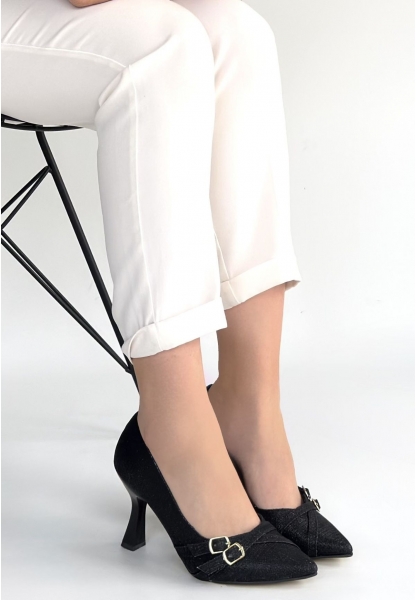 Wenda Siyah Simli Cilt Topuklu Ayakkabı