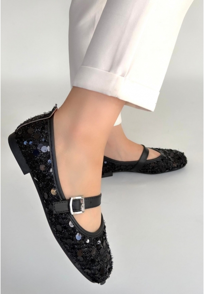 Zaty Siyah Süet Siyah Pullu Babet Ayakkabı