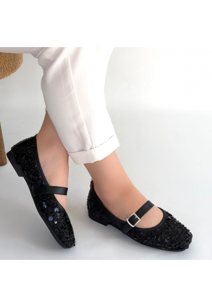 Zaty Siyah Süet Siyah Pullu Babet Ayakkabı